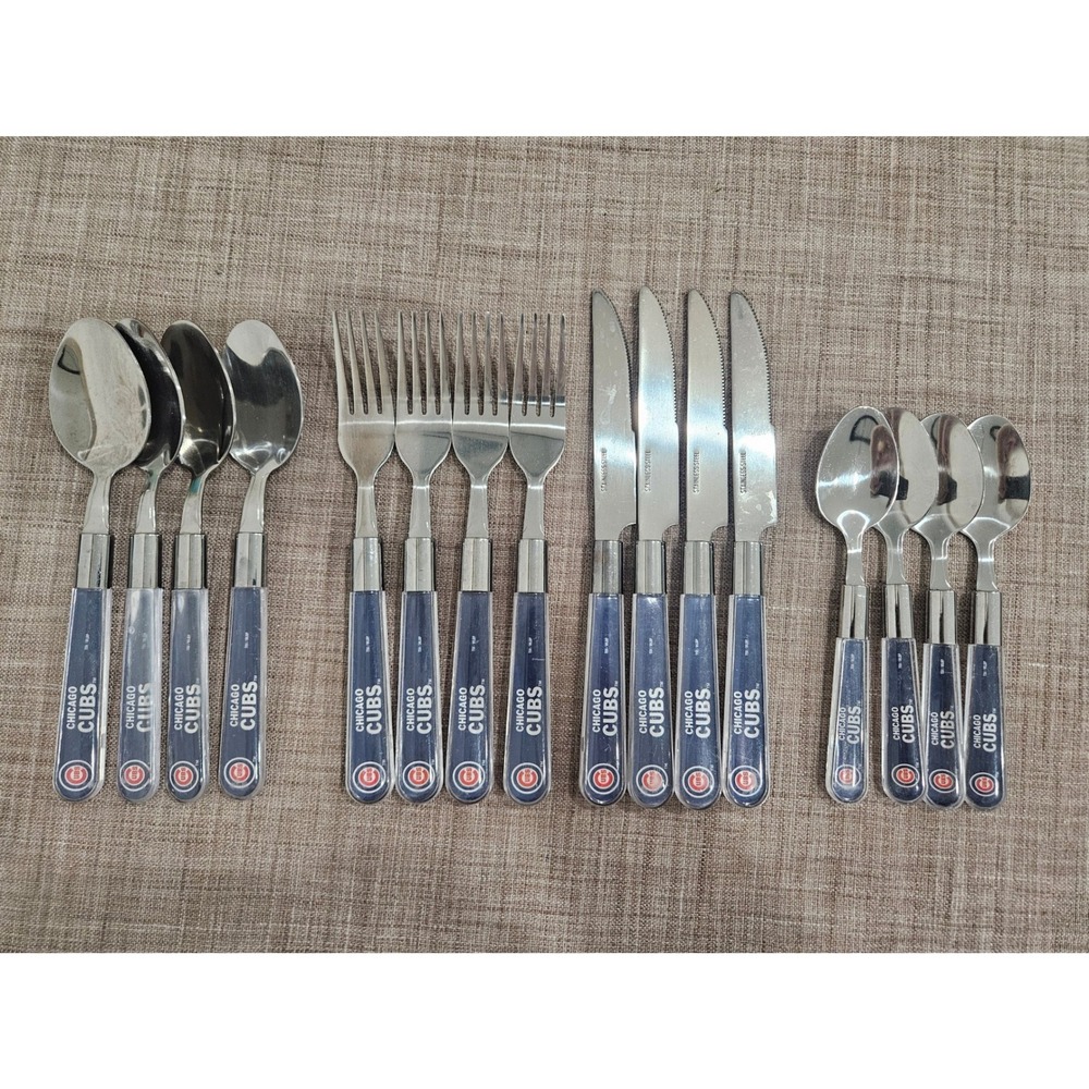 Chicago Cubs 16 Piece Stainless Steel Flatware Set Service for 4 MLB Blue Logo